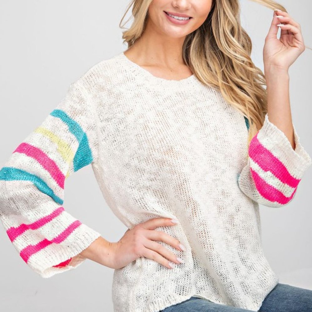 Striped Sleeve Sheer Sweater - Picture 6 of 7